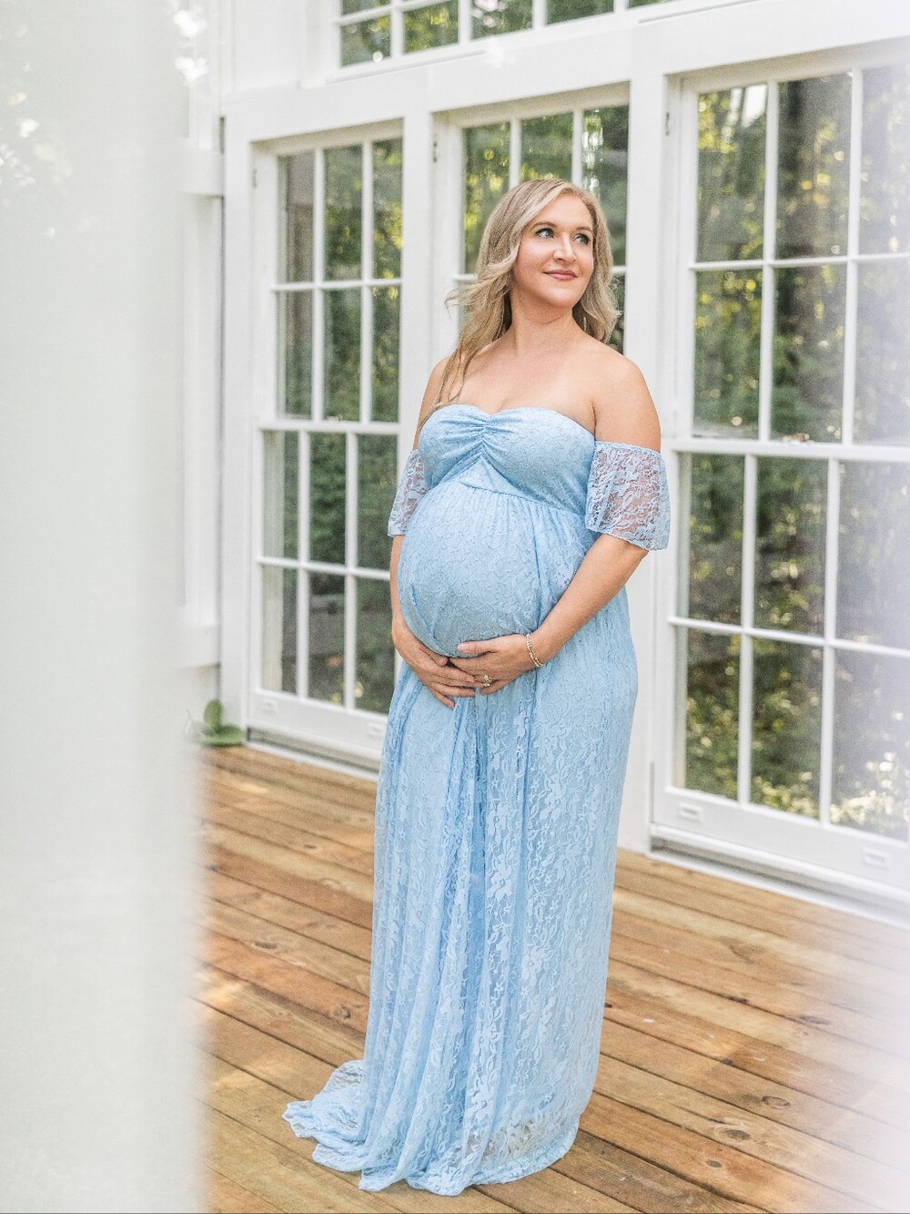 Light Blue Maternity Lace Maxi Dress